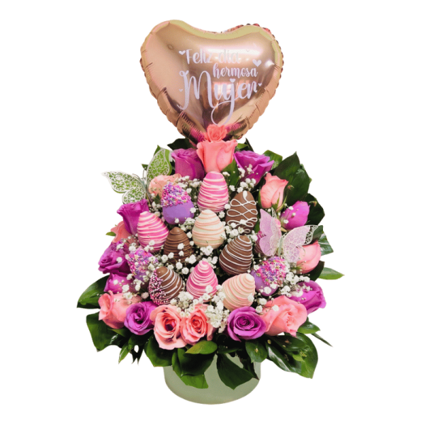 Abanico de 18 Rosas con Fresas y Globo