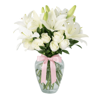 Jarrón con Lirios y Rosas Blancas