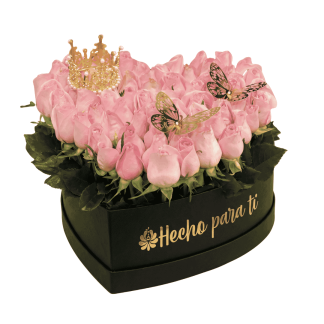 Caja Corazón con 40 Rosas y Coronita