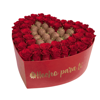 Caja Corazón con 60 Rosas y Fresas