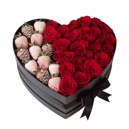 Corazón de 24 Rosas con Fresas con Chocolate