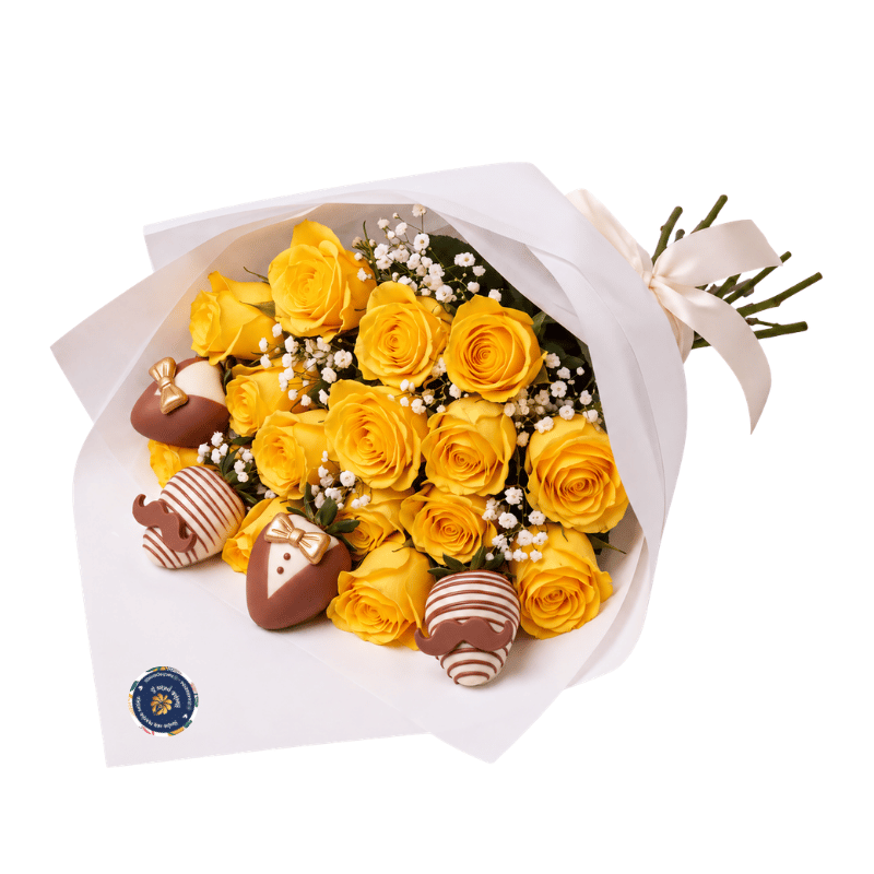 Ramo de 15 Rosas Amarillas con Fresas